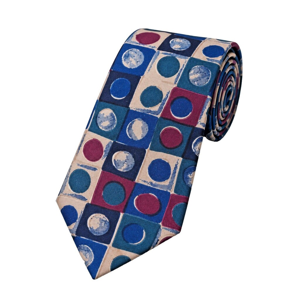 Mens Italian Silk Tie Abstract Geometric Circle Pattern Blue Purple 58" x 3.75"